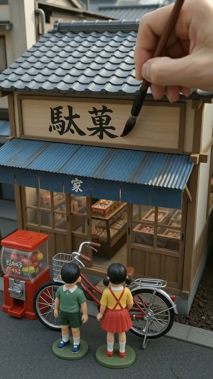 子どもと自転車が並ぶ駄菓子屋
