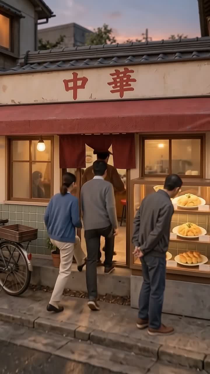 赤いひさしの下に灯りがともる町中華