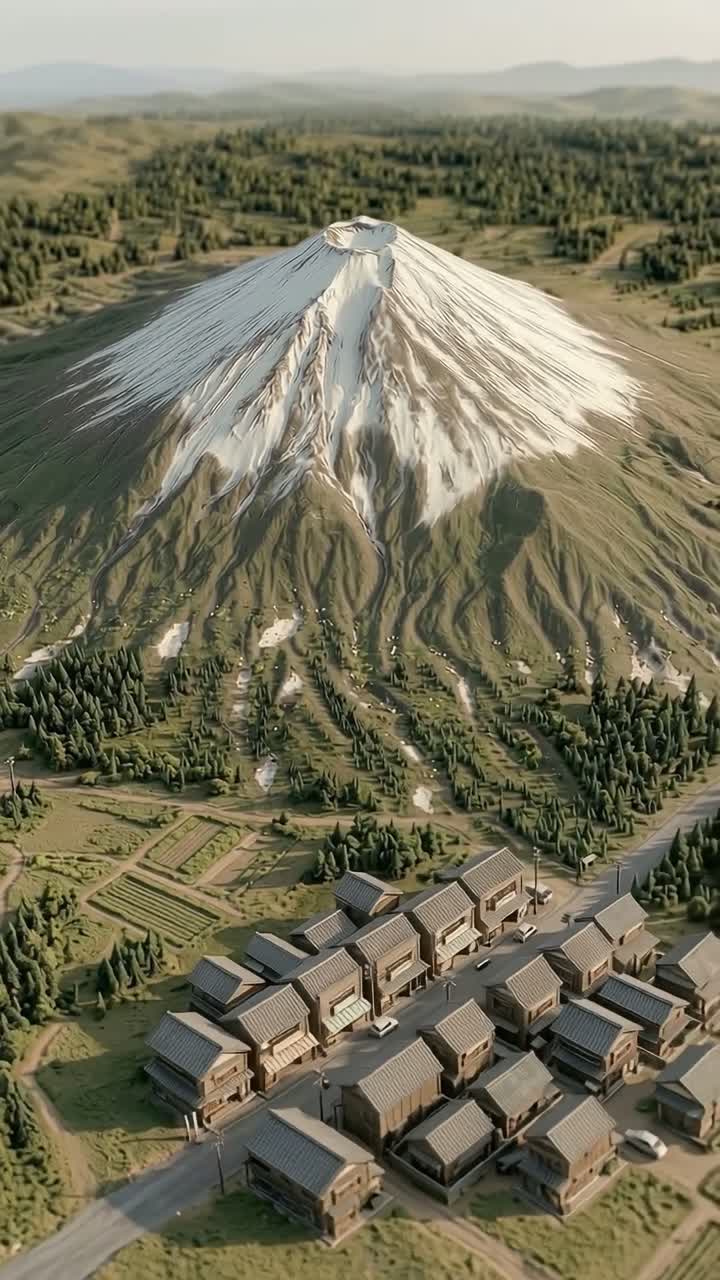 街と湖を見下ろす富士山のジオラマ