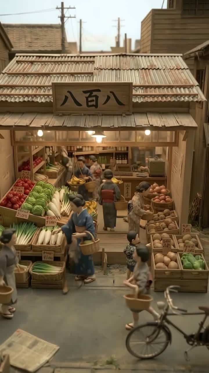 野菜の箱が並ぶ、昔ながらの八百屋の店先