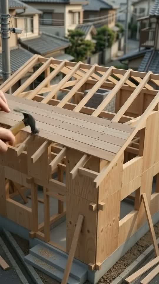 木組みに壁板を取り付ける場面