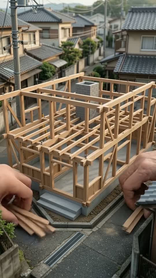 壁や屋根が付く前の、銭湯の木組み