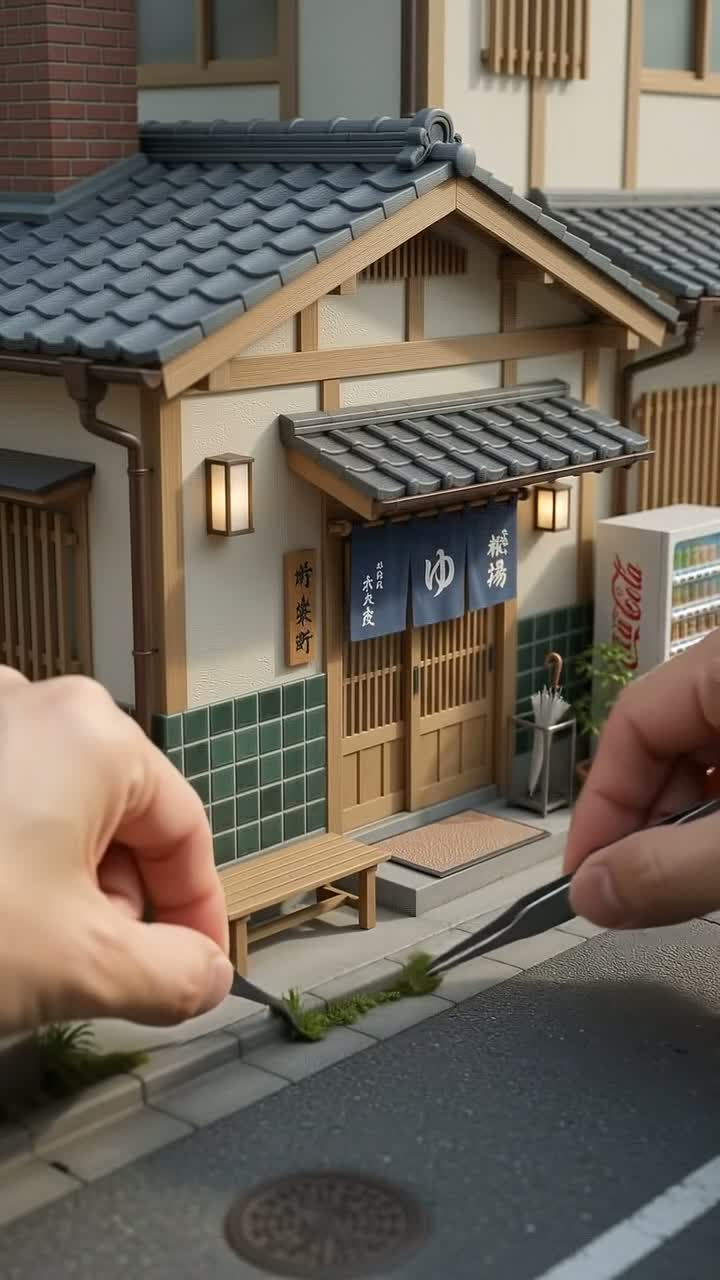 瓦屋根と暖簾、灯りのともる銭湯・松の湯