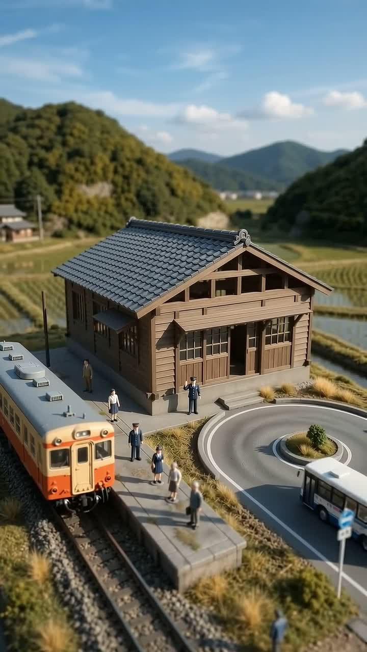 列車と人物のいる、田園の木造駅