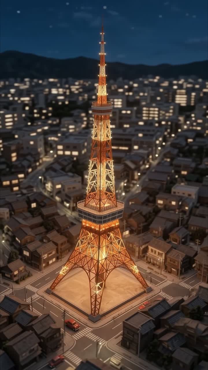 街の中に立つ東京タワーのミニチュア